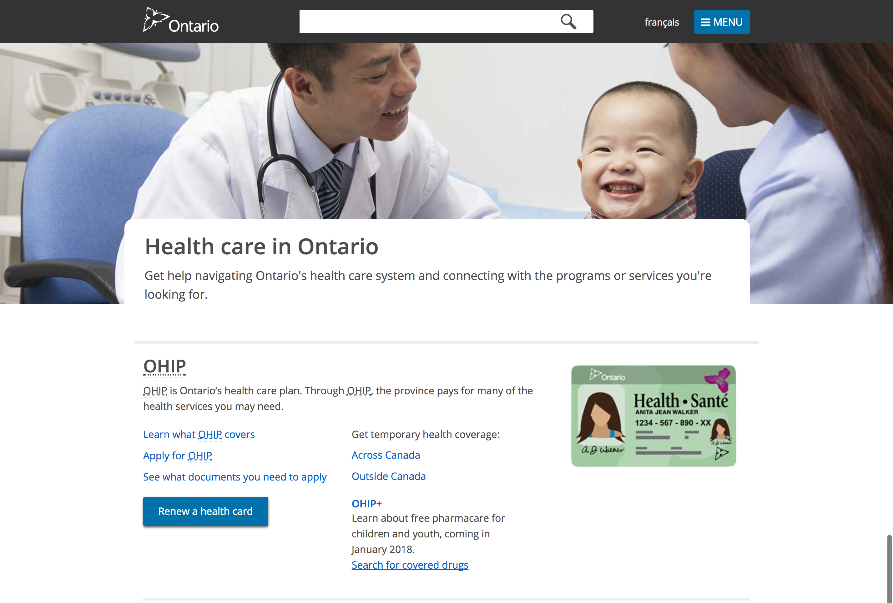 Screen shot of ontario.ca/health landing page